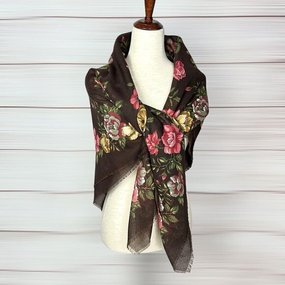 Large Square Brown Floral Roses Scarf Shawl Wrap 46x46 - Picture 9 of 10